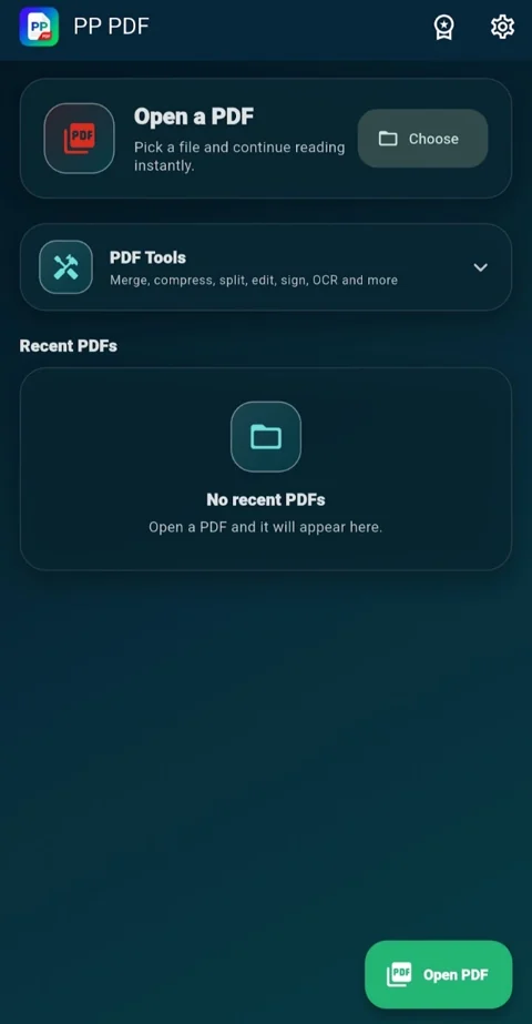PP PDF home screen with Open a PDF and recent documents